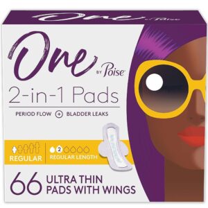 One by Poise Feminine Pads with Wings (2-in-1 Period & Bladder Leakage Pads for Women), Regular, Regular Absorbency for Period Flow, Very Light Absorbency for Bladder Leaks, 66...