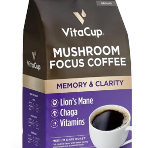 VitaCup Focus Mushroom Coffee Grounds, with Lions Mane, Chaga, B Vitamins, D3, Boost Focus, Immunity, Memory & Clarity, Medium Dark Roast, Bold & Smooth 100% Arabica Specialty,...